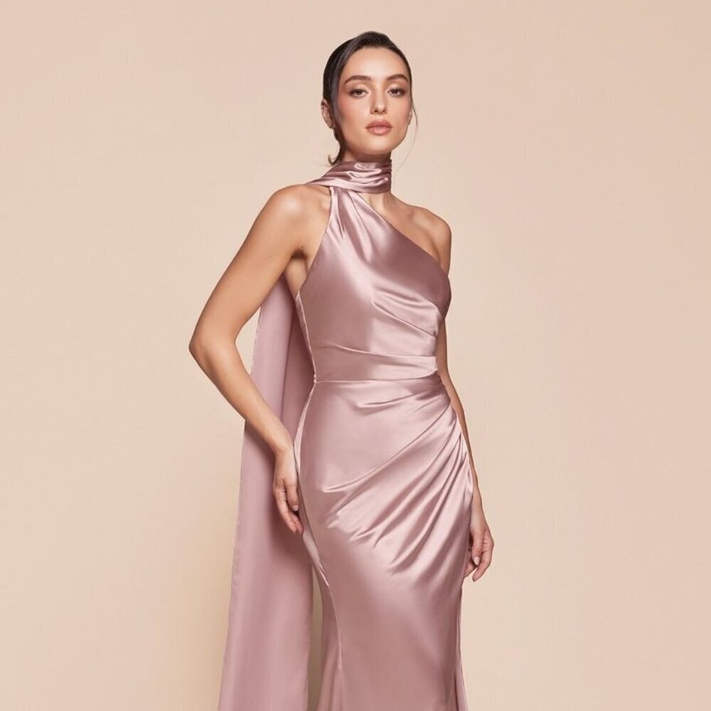 NEW FORMAL SHEATH SATIN DRESS W/ WRAP HALTER NECK LEG SLIT & ZIPPER BACK CD 7454 - Picture 1 of 11